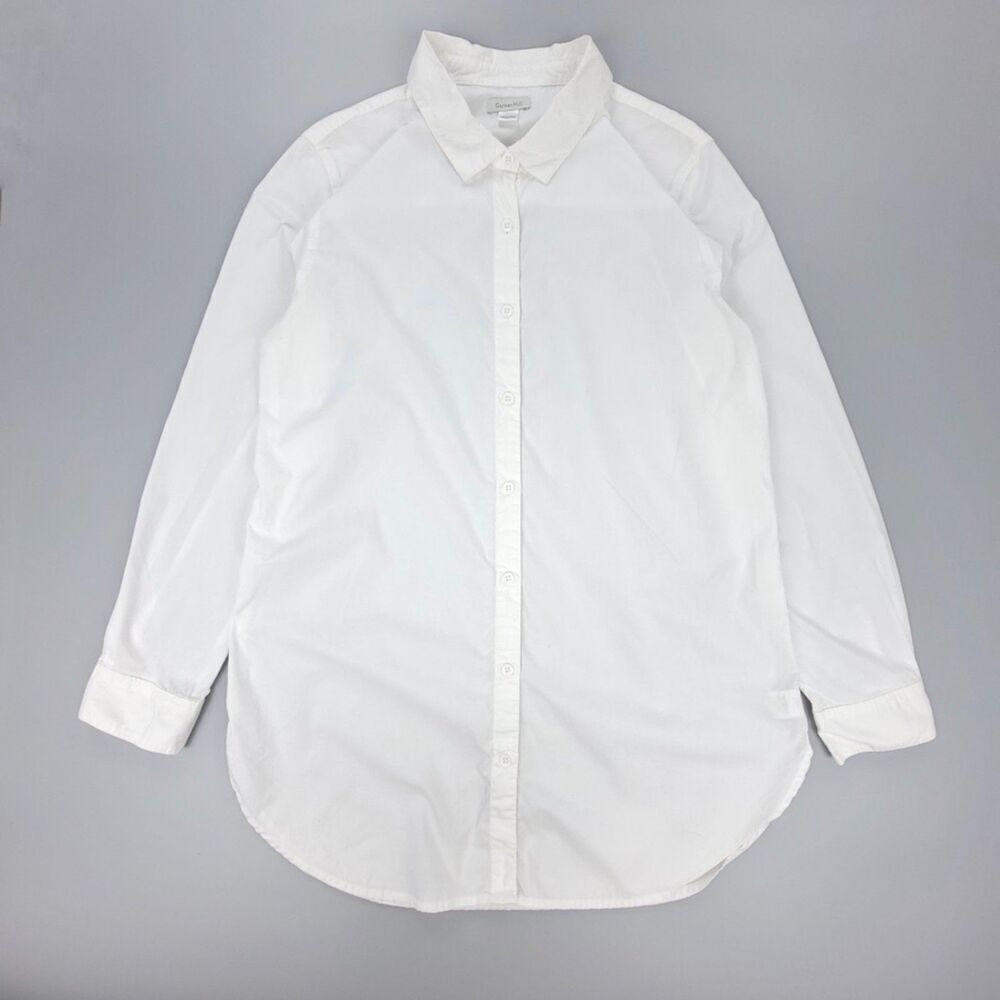 GARNET HILL Organic Pima Cotton Long Tunic Minimal Button Down Shirt White 14